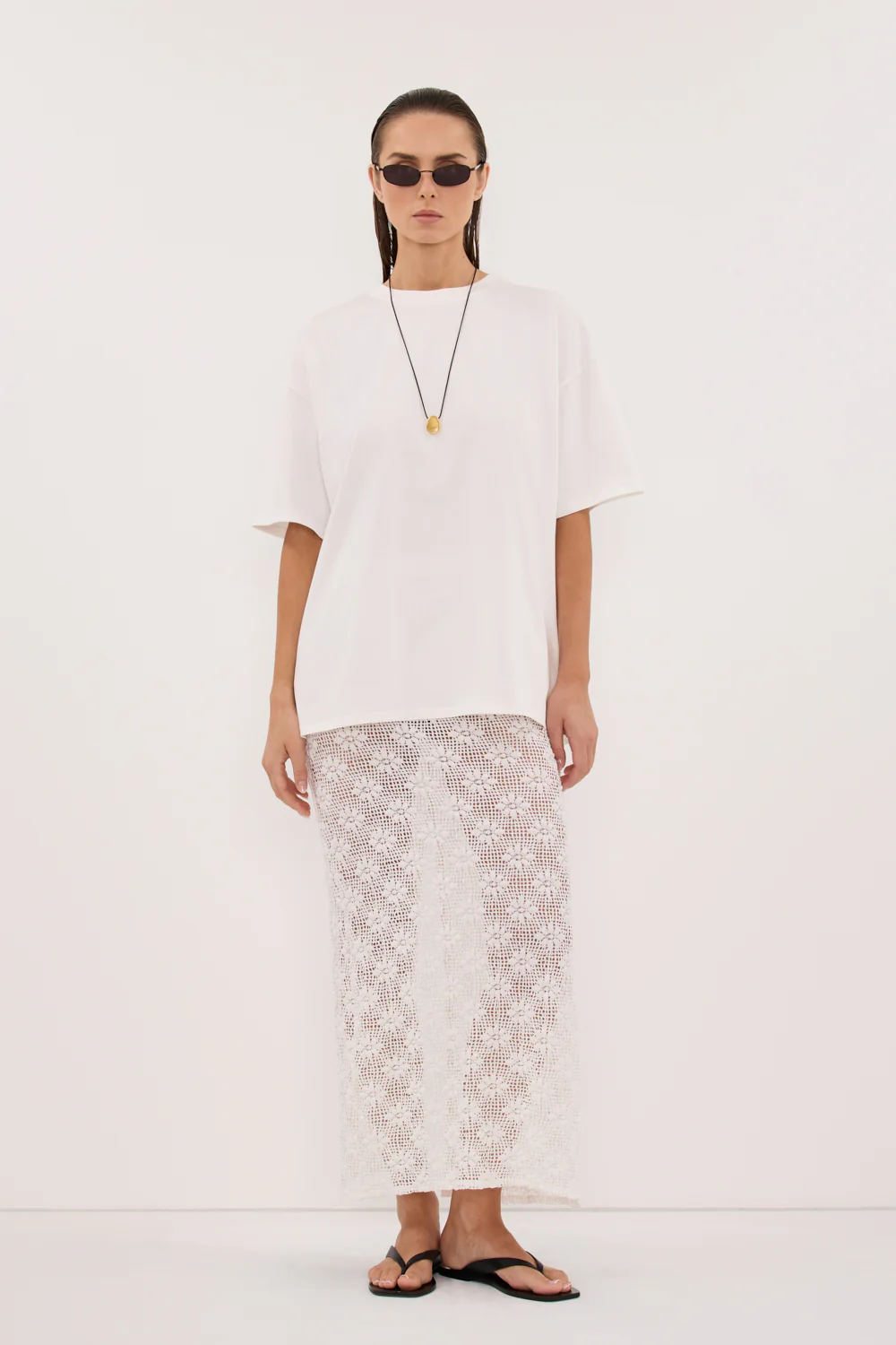 AGNES WHITE CROCHET COLUMN MIDI SKIRT