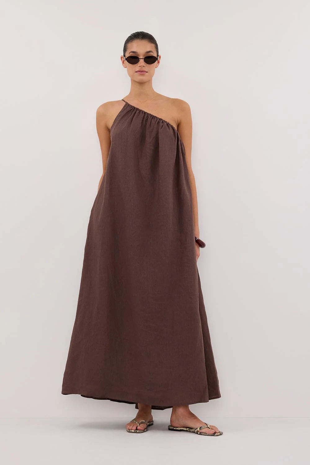 ALMA BITTER CHOC ASYM LINEN MIDI DRESS
