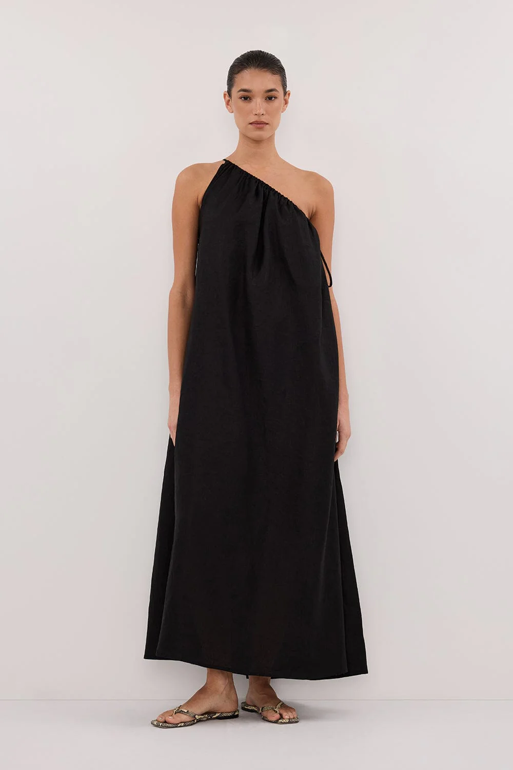 ALMA BLACK ASYM LINEN MIDI DRESS