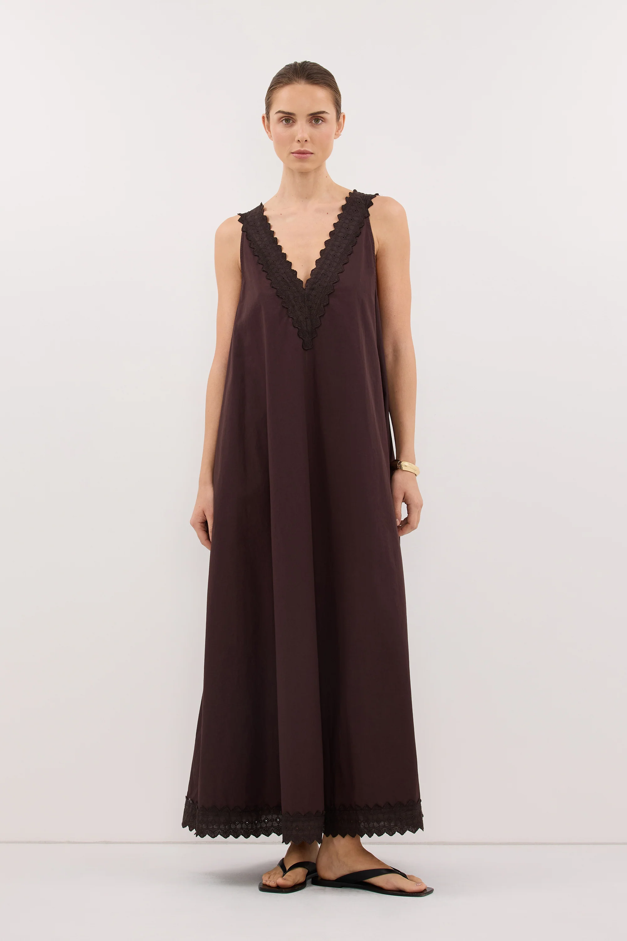 ANNABEL BURNT CHOC SLEEVELESS V NECK MIDI DRESS - Image 3