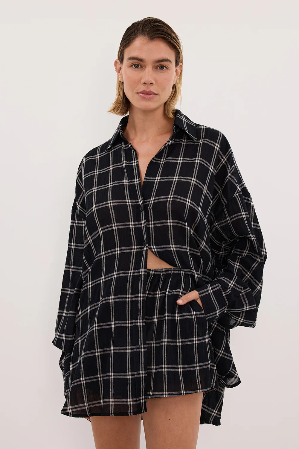 ANNALISE BLACK LONG SLEEVE CHECK SHIRT - Image 2