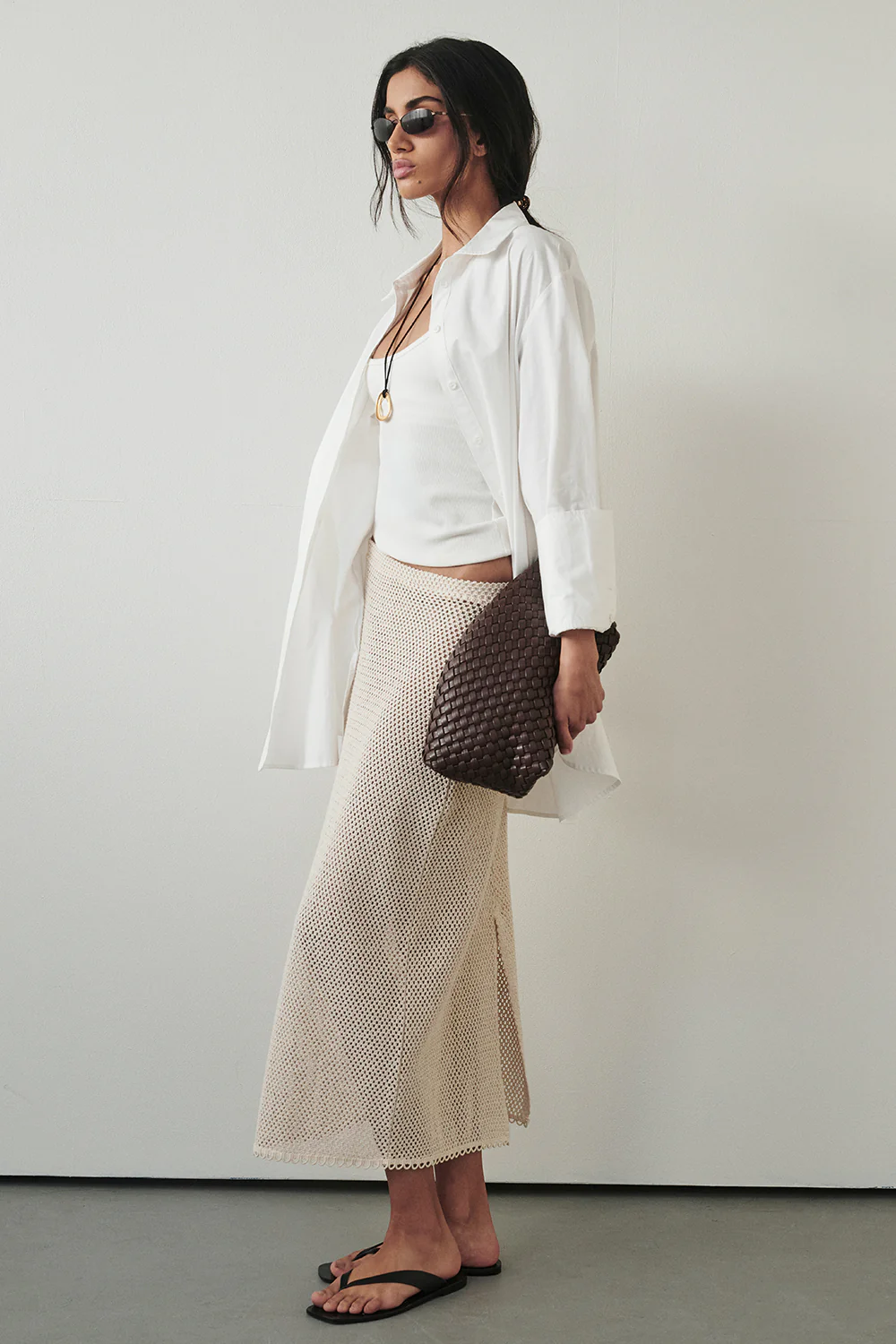ANNE NATURAL OPEN KNIT MIDI SKIRT