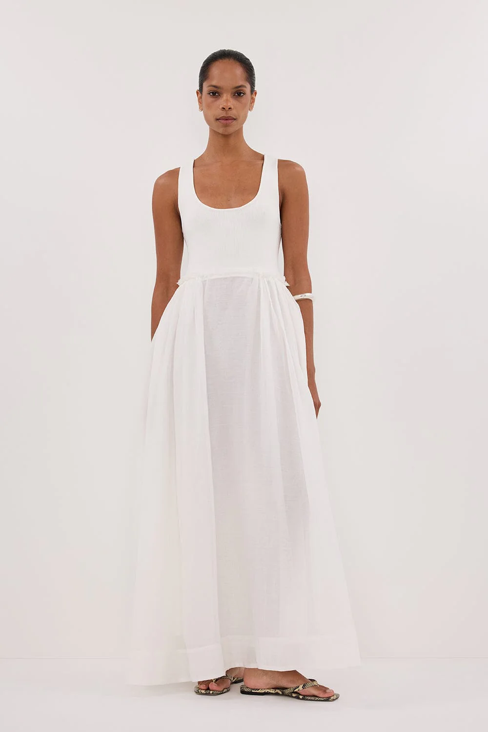 APRIL WHITE HYBRID KNIT MIDI DRESS