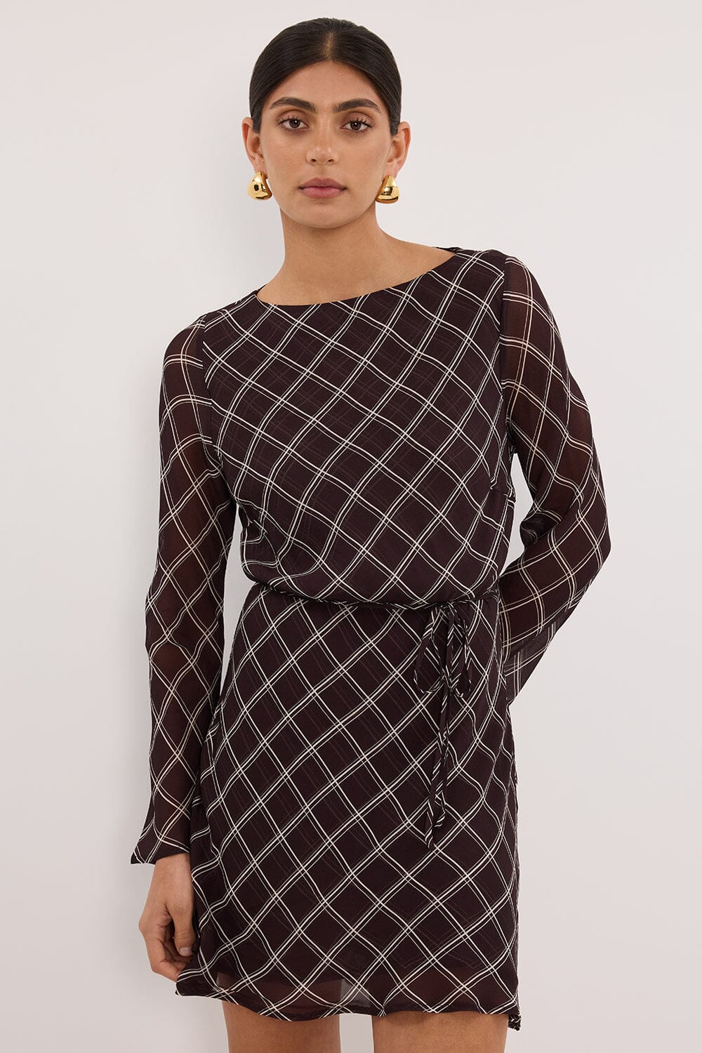 ARLINGTON CHOC LONG SLEEVE BOAT NECK MINI DRESS - Image 2