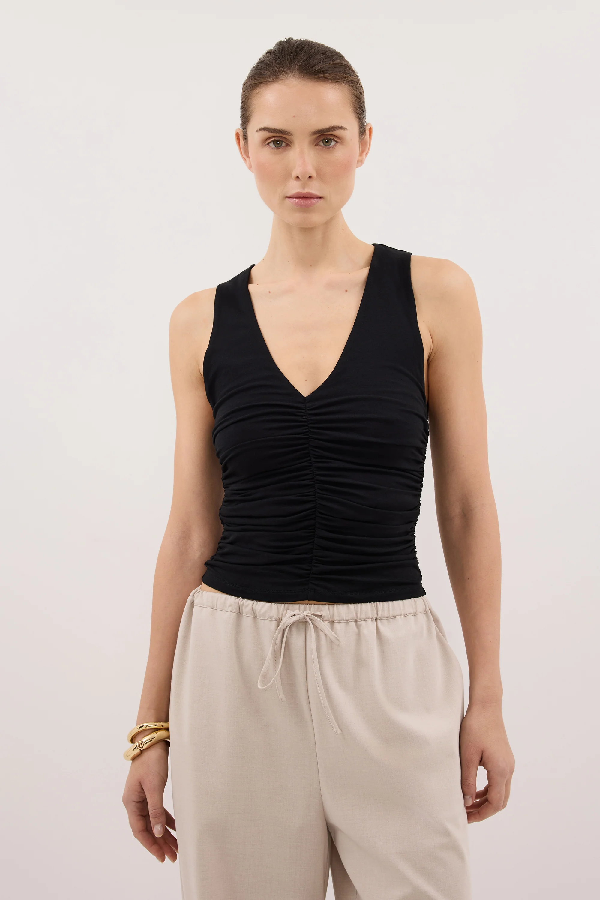 AVELIN BLACK RUCHED V NECK KNIT TOP - Image 2