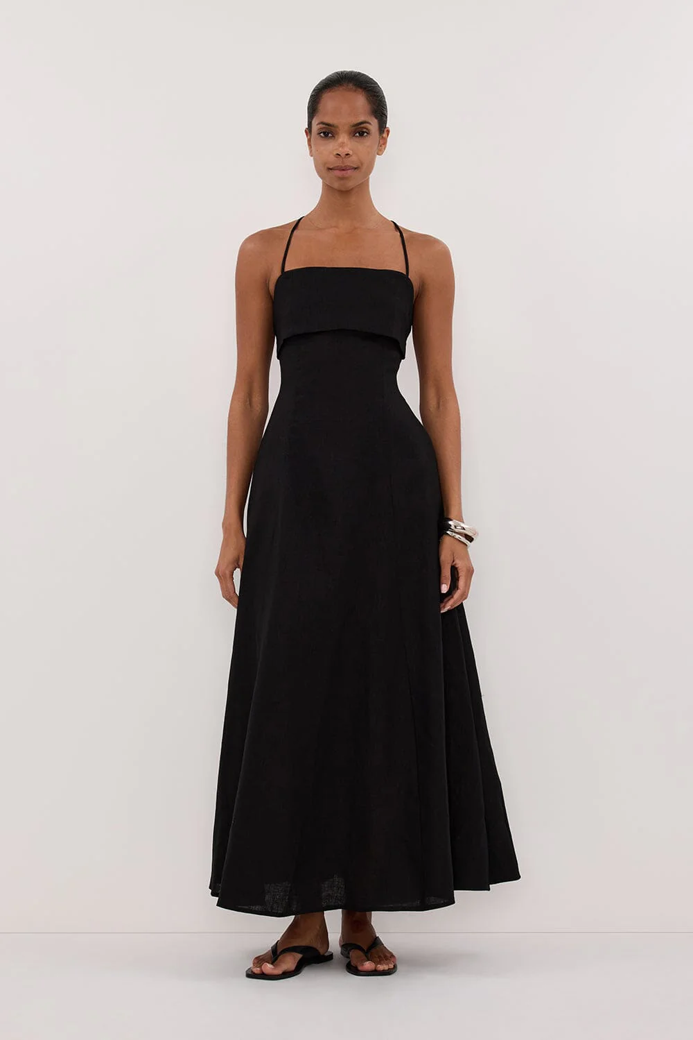 DANIELLA BLACK LINEN TIE BACK MIDI DRESS