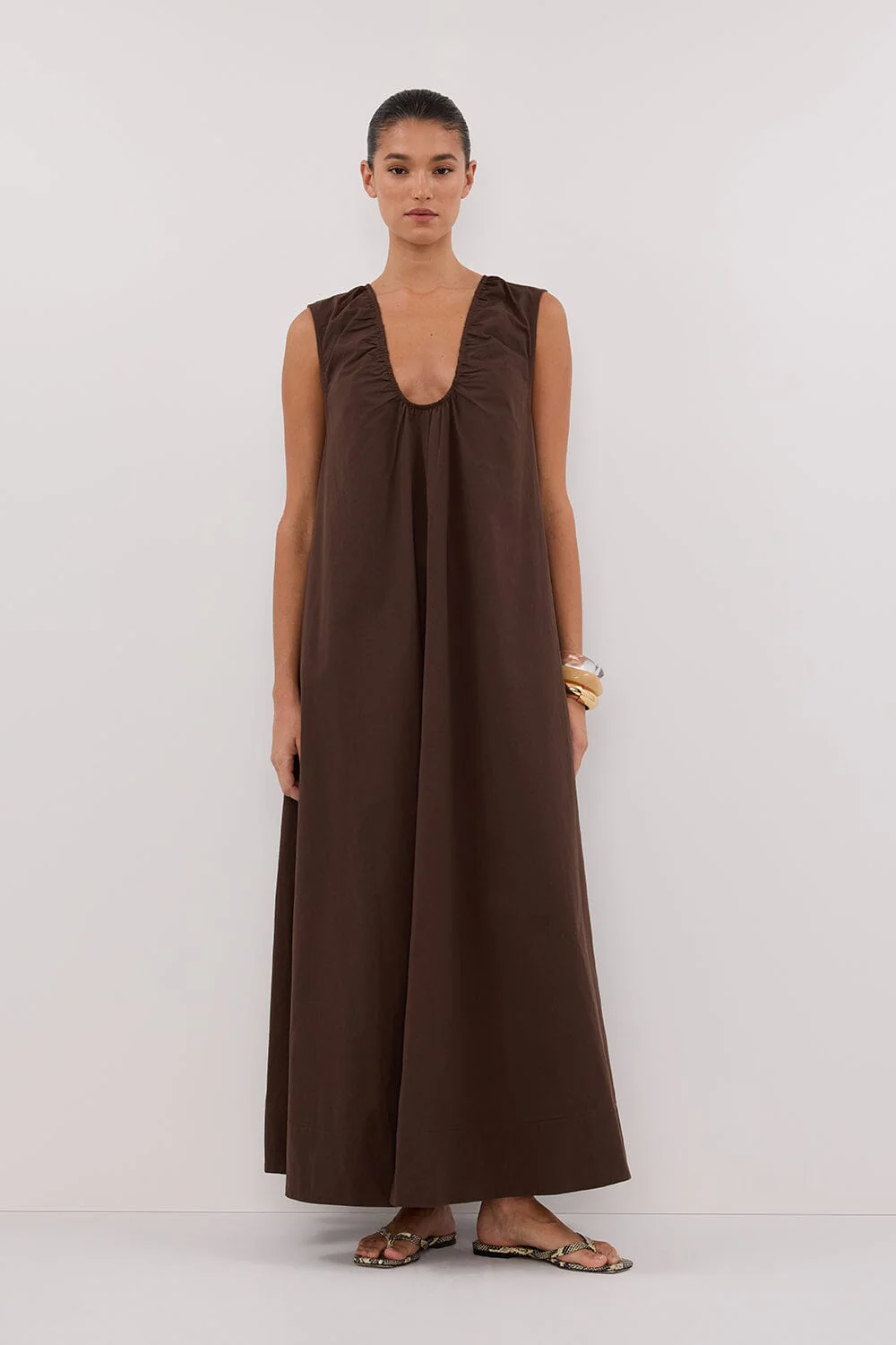 GABBY BITTER CHOC OVERSIZED COTTON MIDI DRESS
