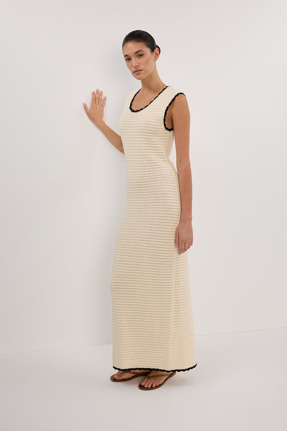 GINA CREAM SCOOP CROCHET MIDI DRESS