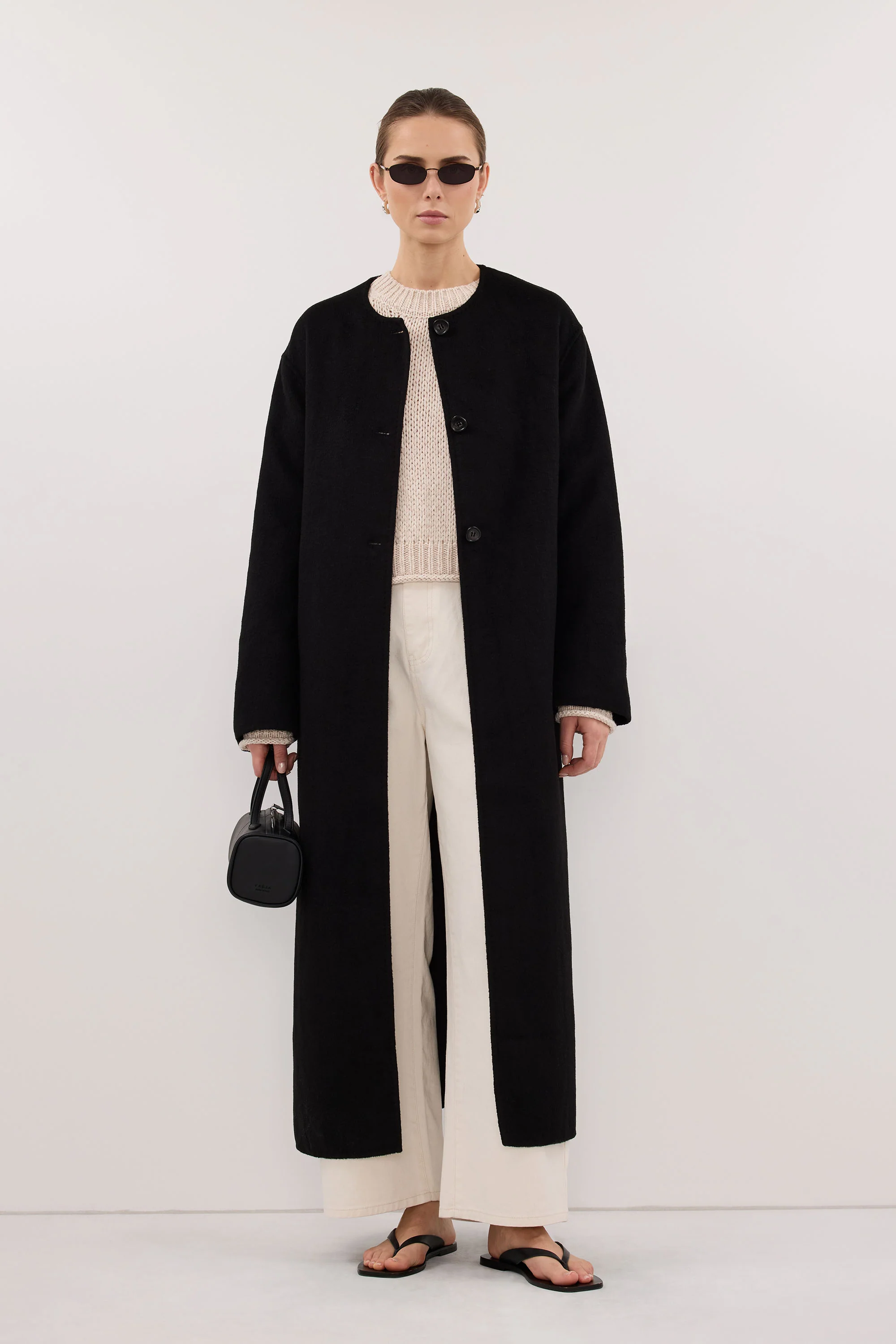 GRETA BLACK COLLARLESS WOOL BLEND COAT