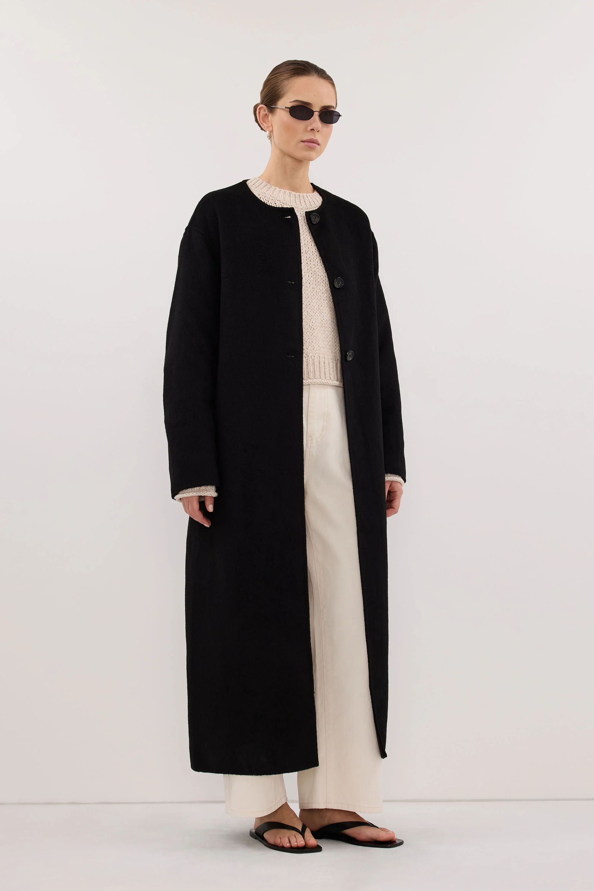 GRETA BLACK COLLARLESS WOOL BLEND COAT - Image 4