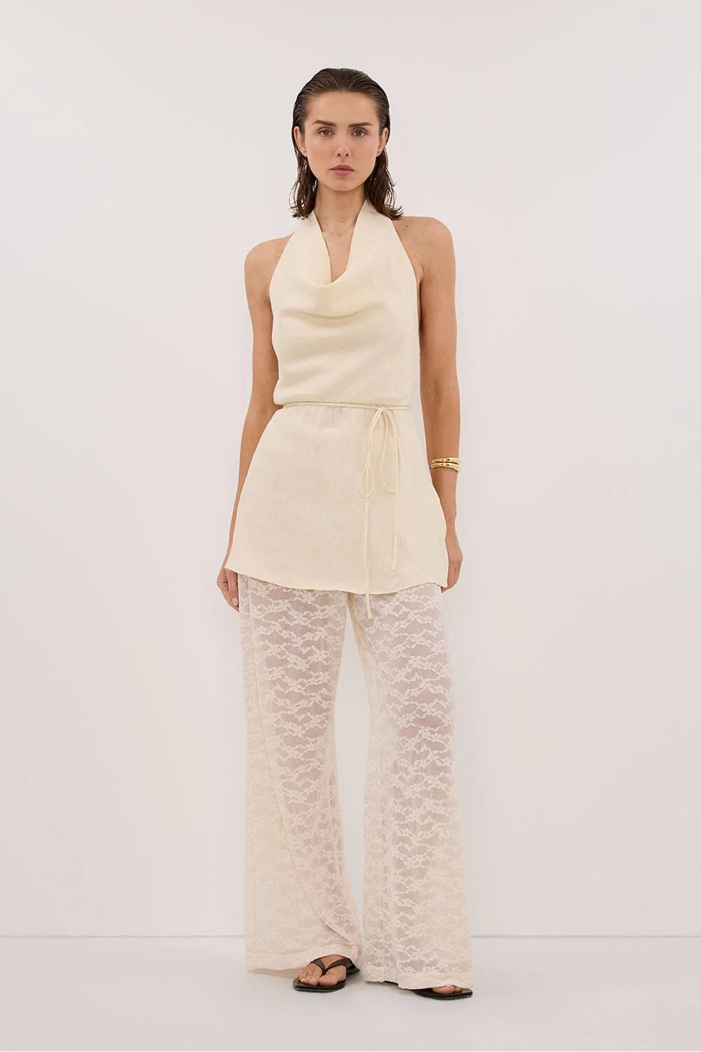 HAYLEE STRAW SLEEVELESS LINEN COWL TOP