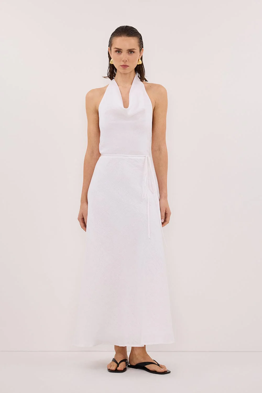 HAYLEE WHITE SLEEVELESS LINEN COWL MIDI DRESS