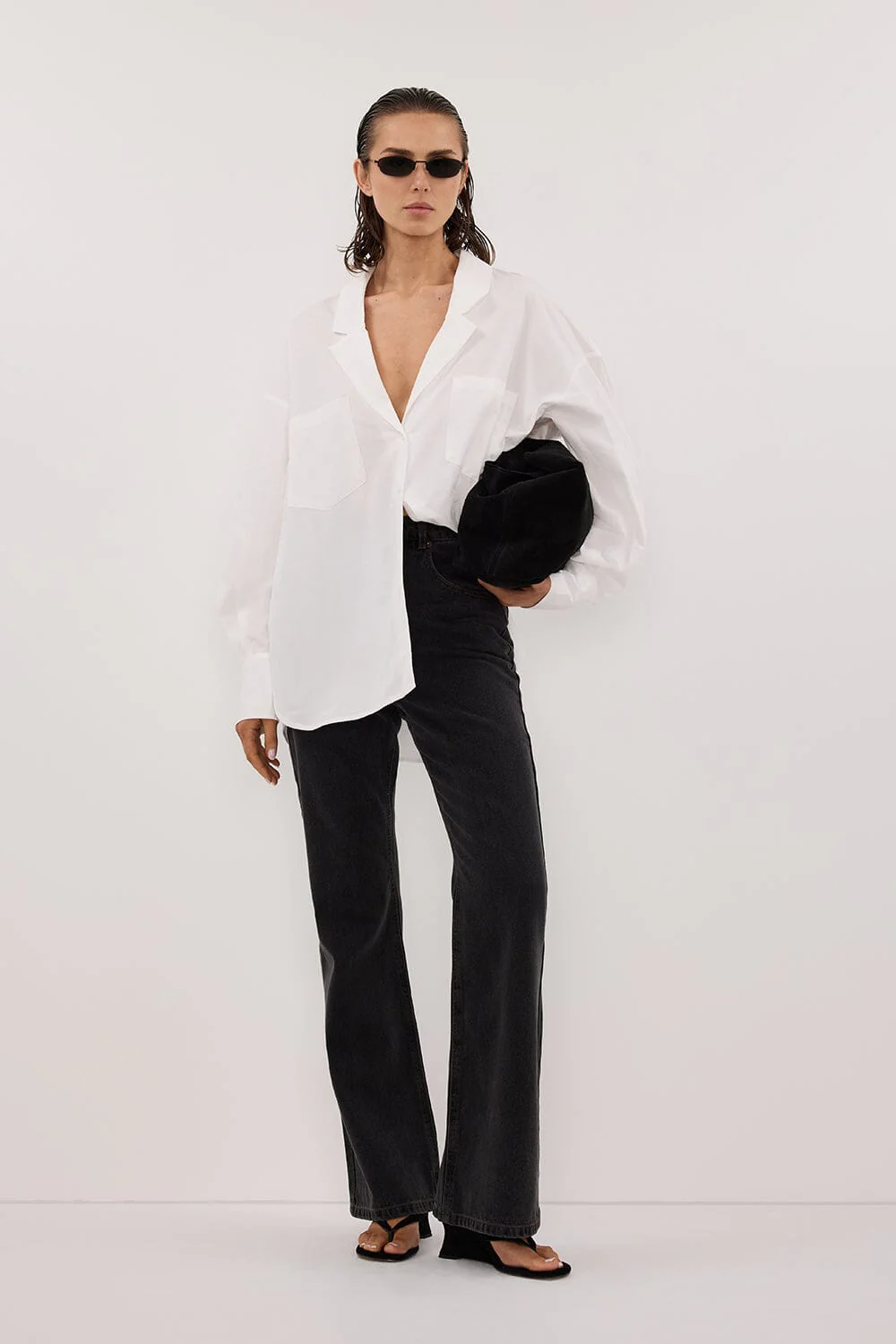 IRENE WHITE LONG SLEEVE NOTCH COLLAR SHIRT