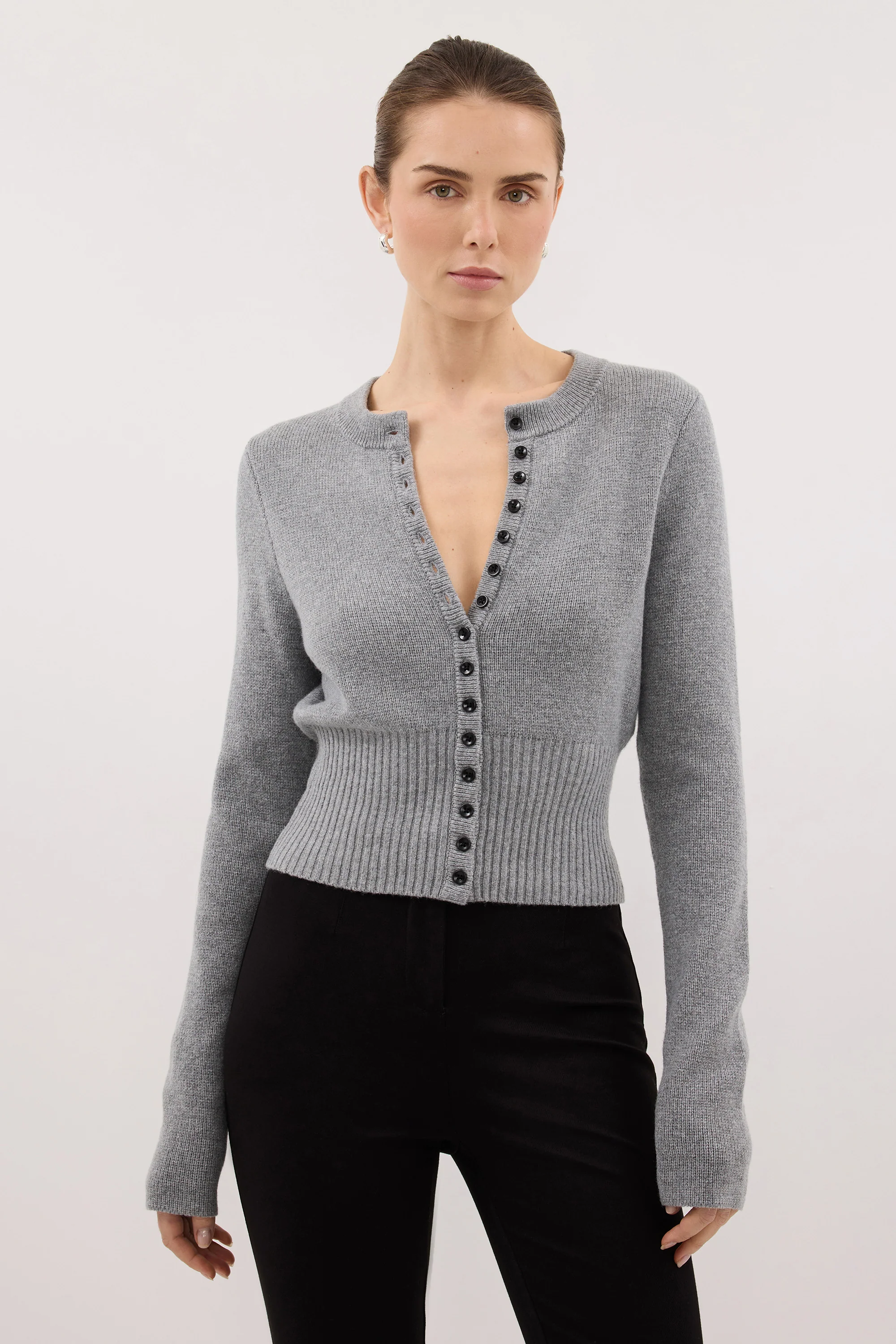 IRIS GREY MARLE CREW KNIT CARDIGAN - Image 2