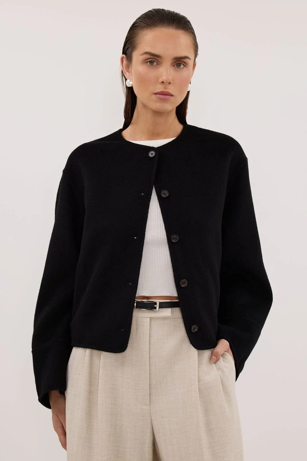 JACLYN BLACK CROPPED WOOL BLEND COAT - Image 2
