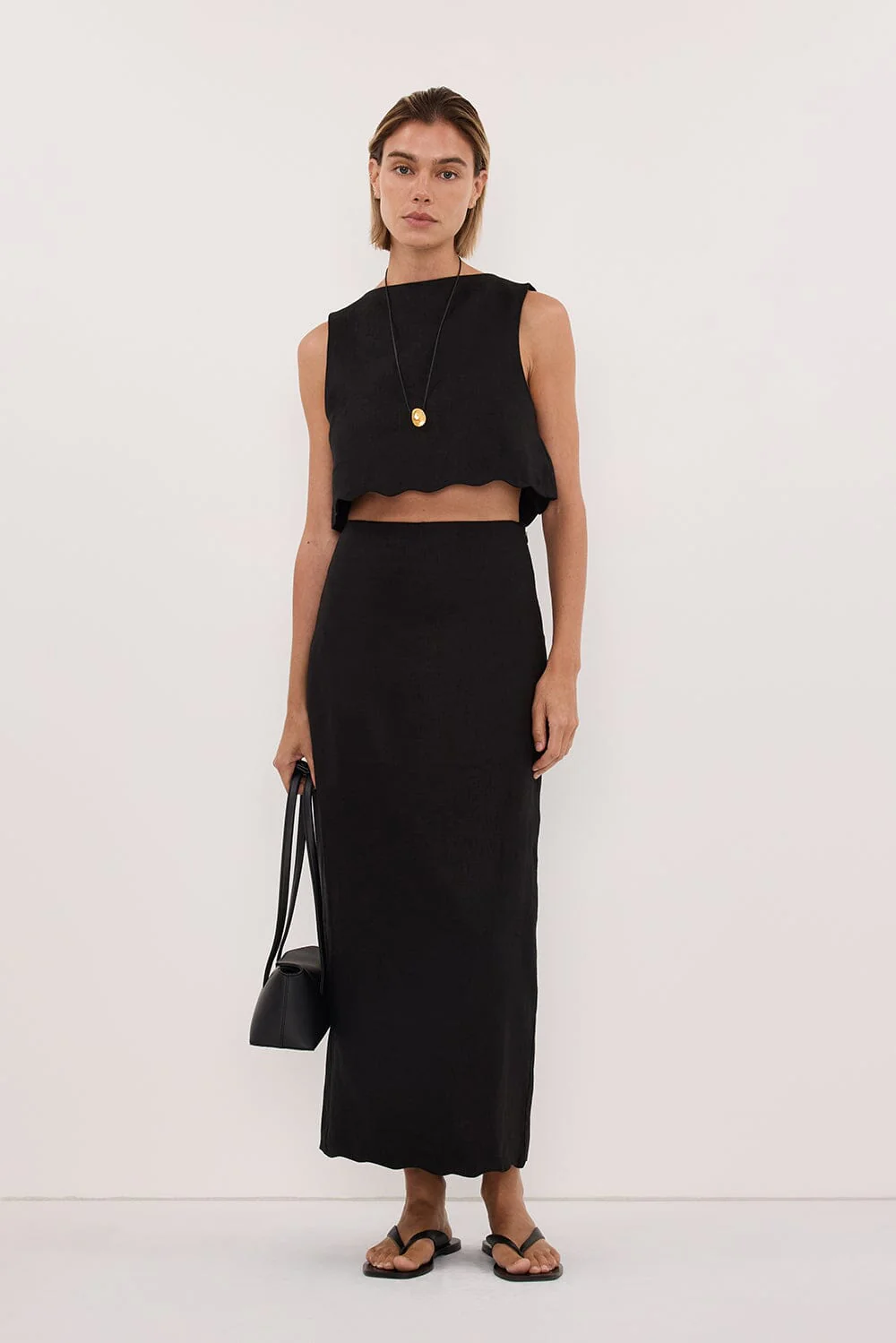LELA BLACK LINEN MIDI SKIRT