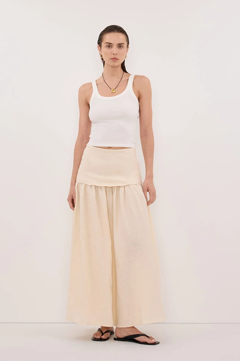 LELA SANDSTONE FOLDOVER LINEN MIDI SKIRT