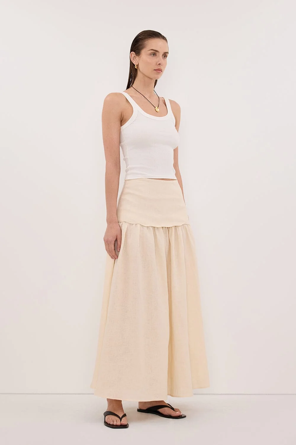 LELA SANDSTONE FOLDOVER LINEN MIDI SKIRT - Image 3