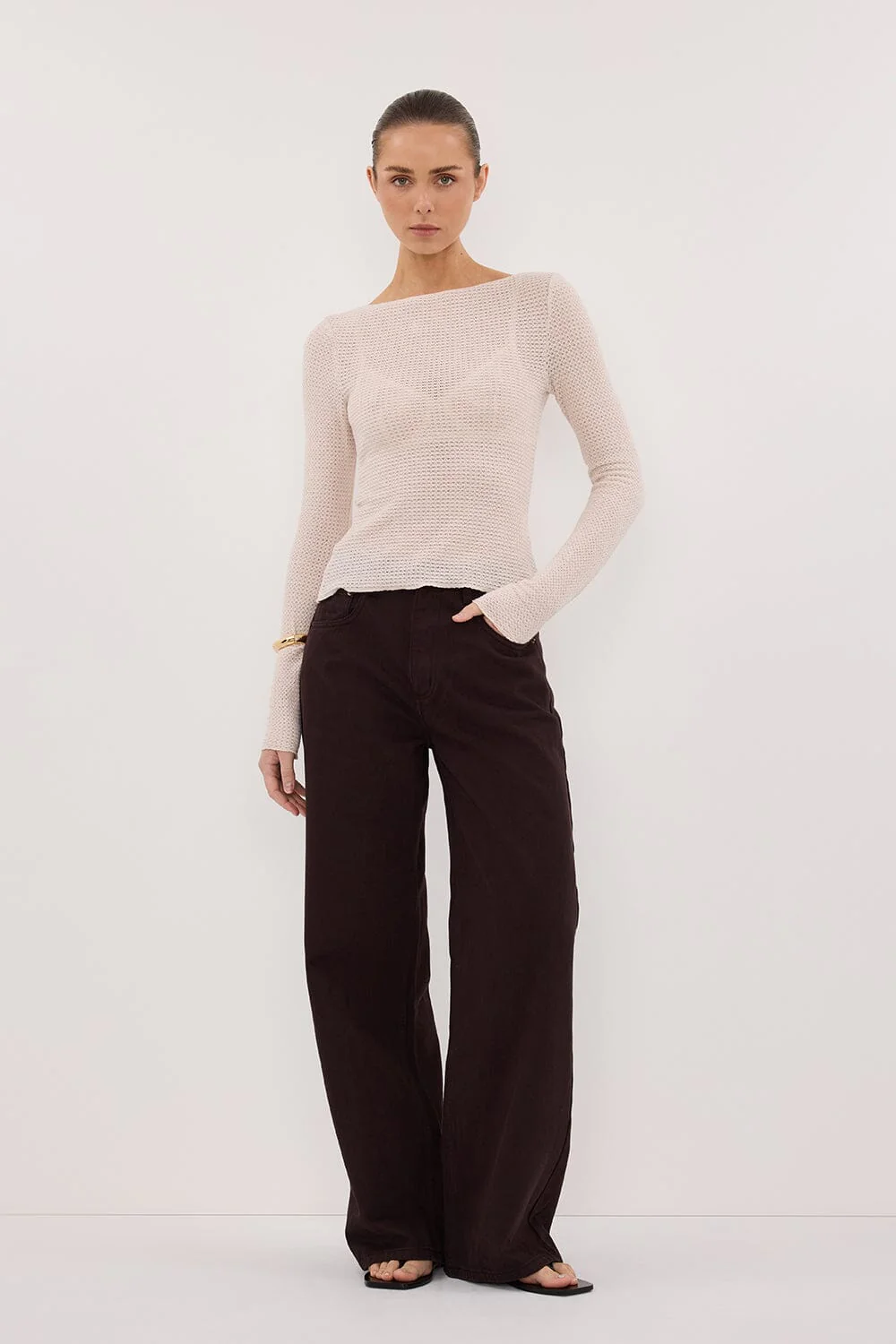 LILY STONE LONG SLEEVE BOAT NECK TEXTURED TOP