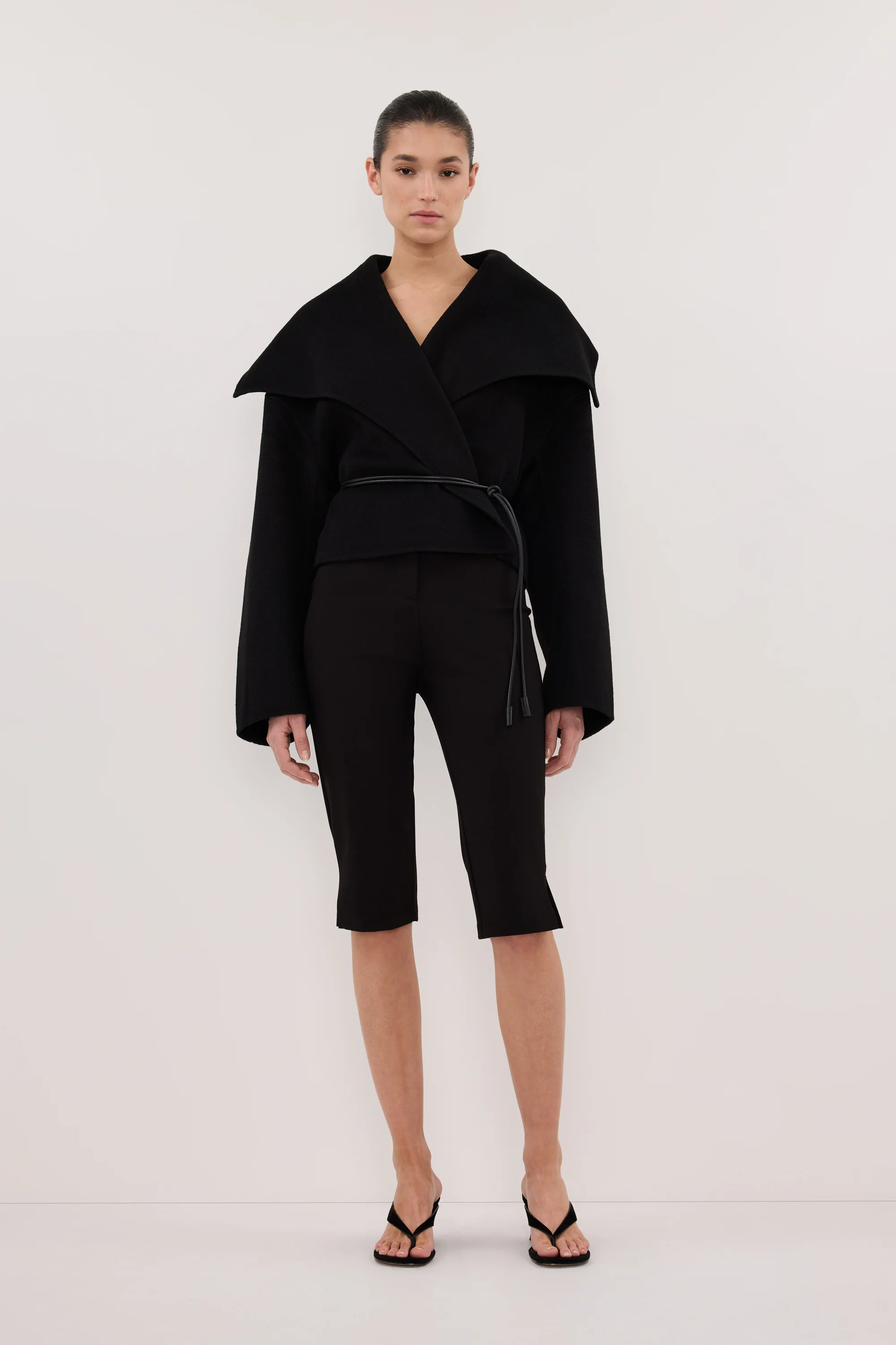 LUCIA BLACK CROPPED WOOL BLEND TRENCH COAT