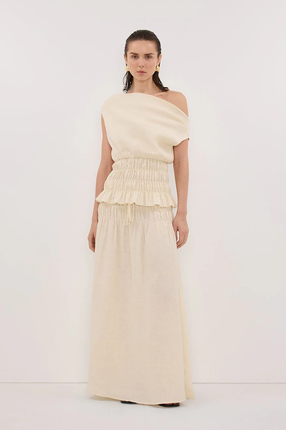 MAIA STRAW LINEN SHIRRED MIDI SKIRT