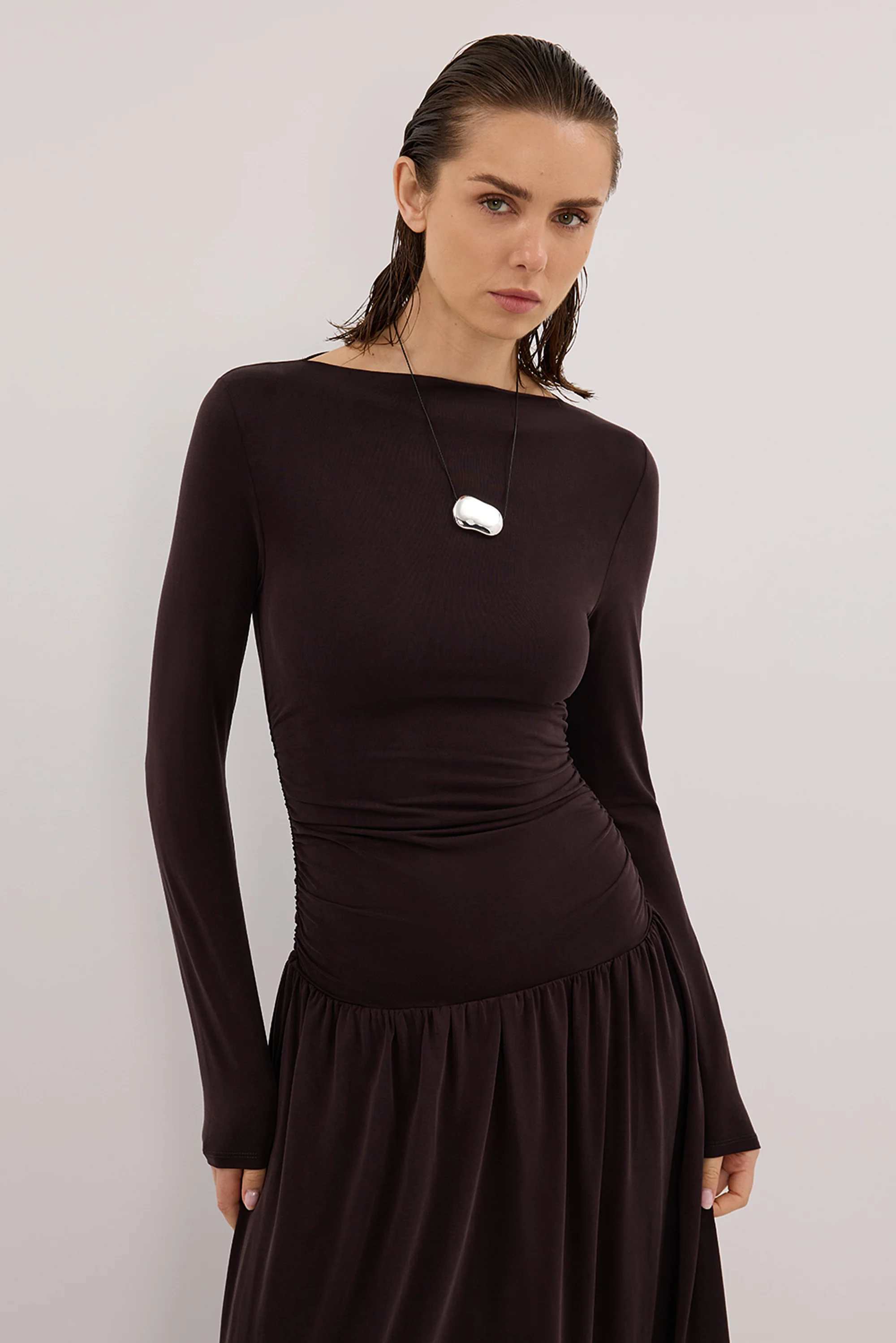 MEG BURNT CHOC LONG SLEEVE KNIT MIDI DRESS - Image 2