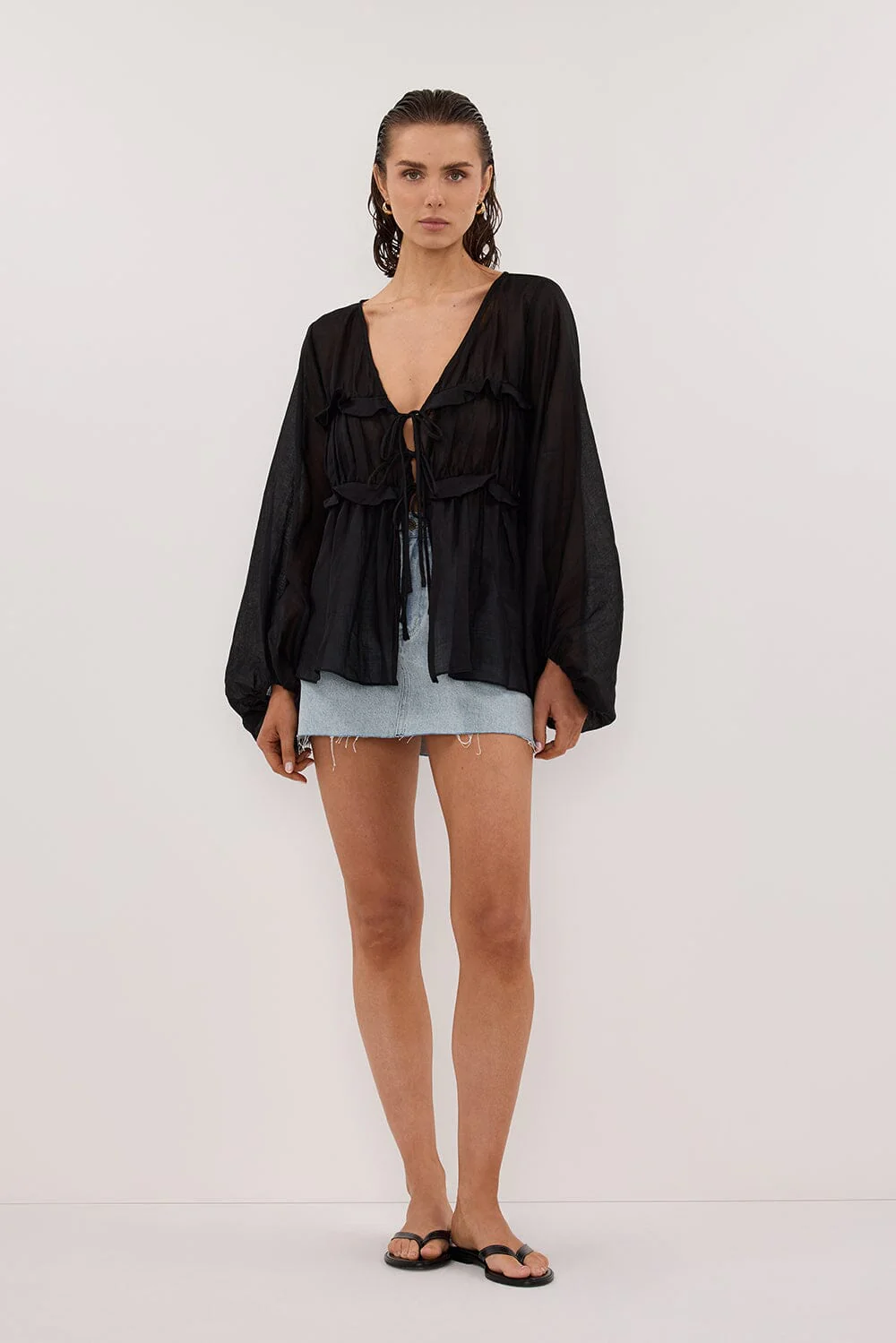 MILA BLACK RAMIE LONG SLEEVE FRILL TOP