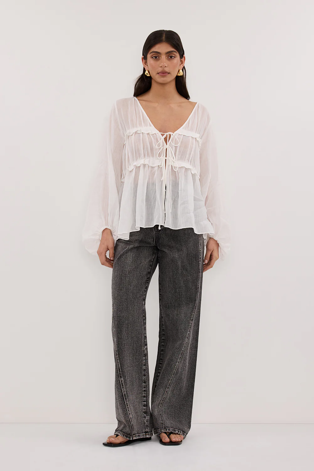 MILA WHITE RAMIE LONG SLEEVE FRILL TOP