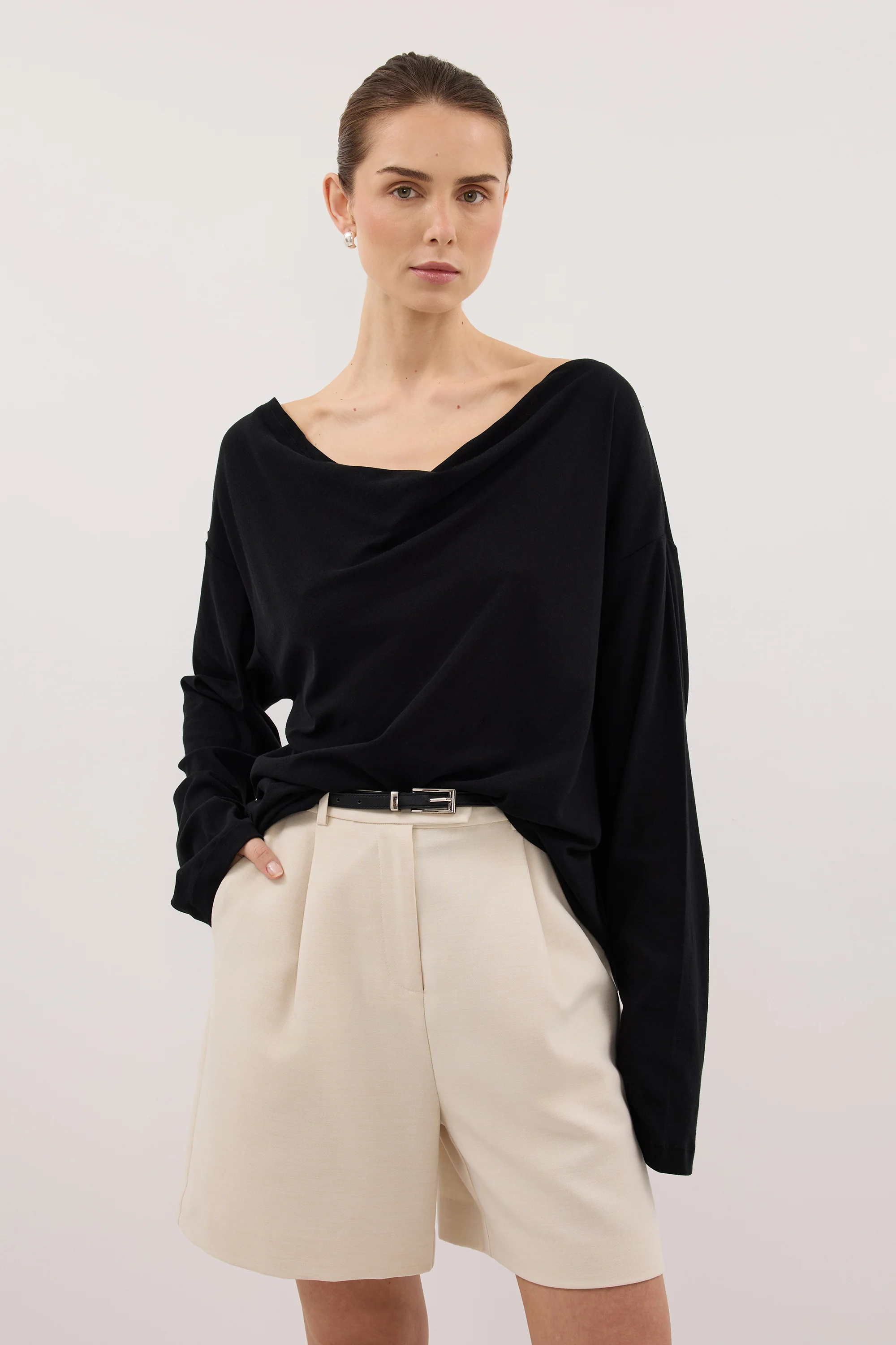 ORELIA BLACK COWL NECK SLEEVED TOP - Image 2