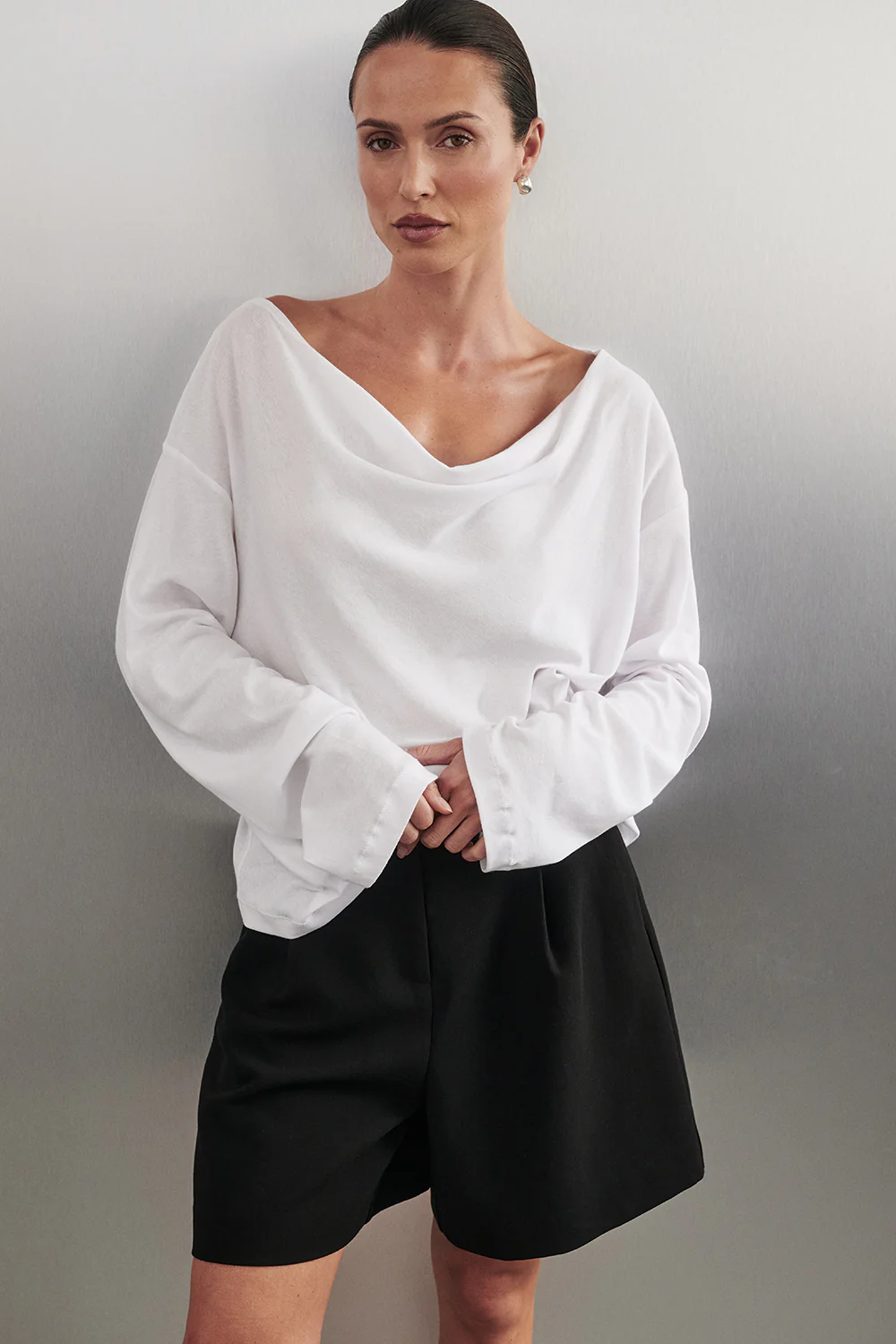 ORELIA WHITE COWL NECK SLEEVED TOP