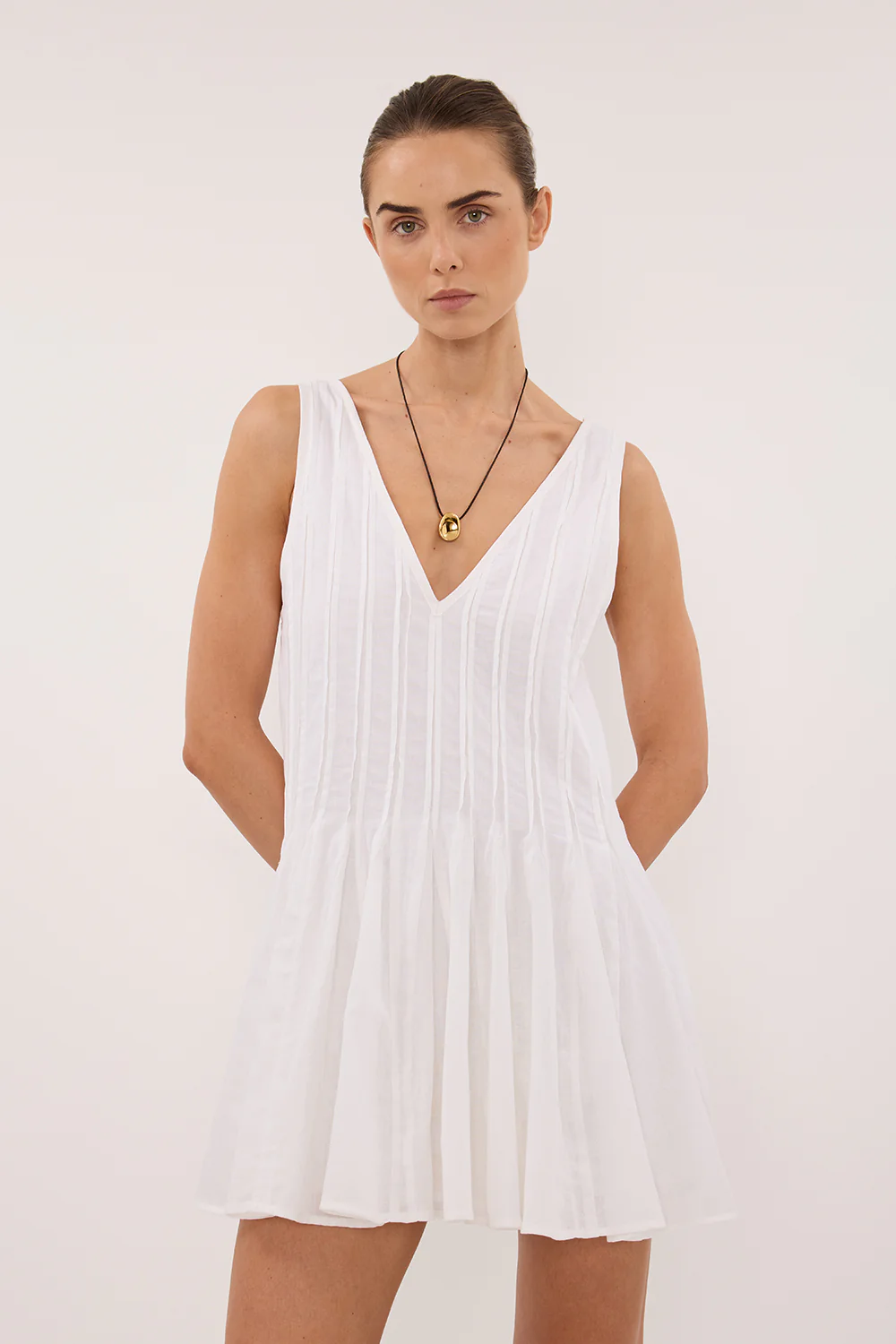 PIXIE WHITE LINEN MINI GODET DRESS - Image 5
