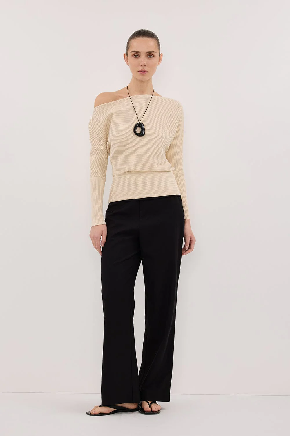 SAGE NATURAL LONG SLEEVE BOAT NECK KNIT TOP