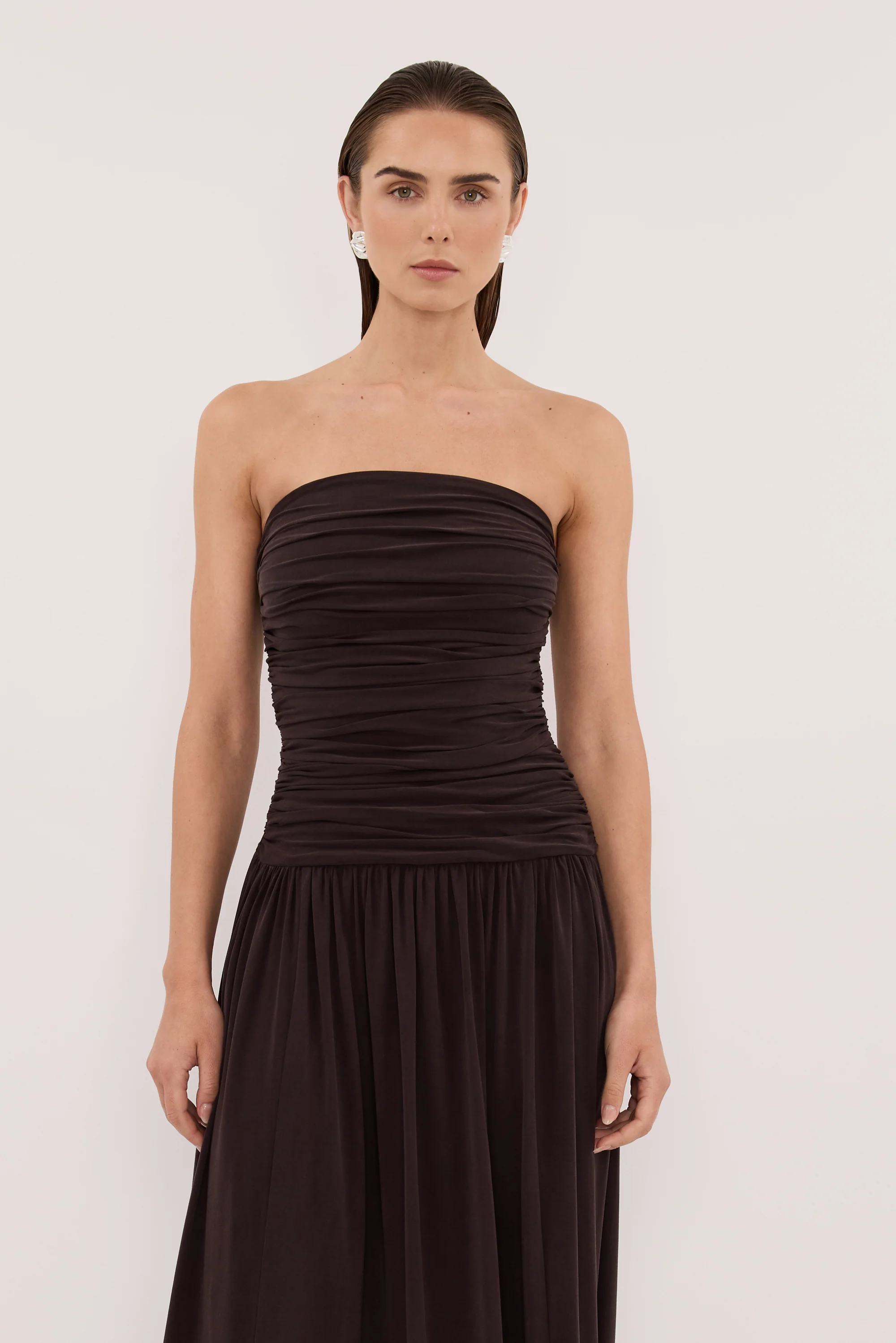 SHARI BURNT CHOC STRAPLESS BANDEAU MIDI DRESS - Image 2