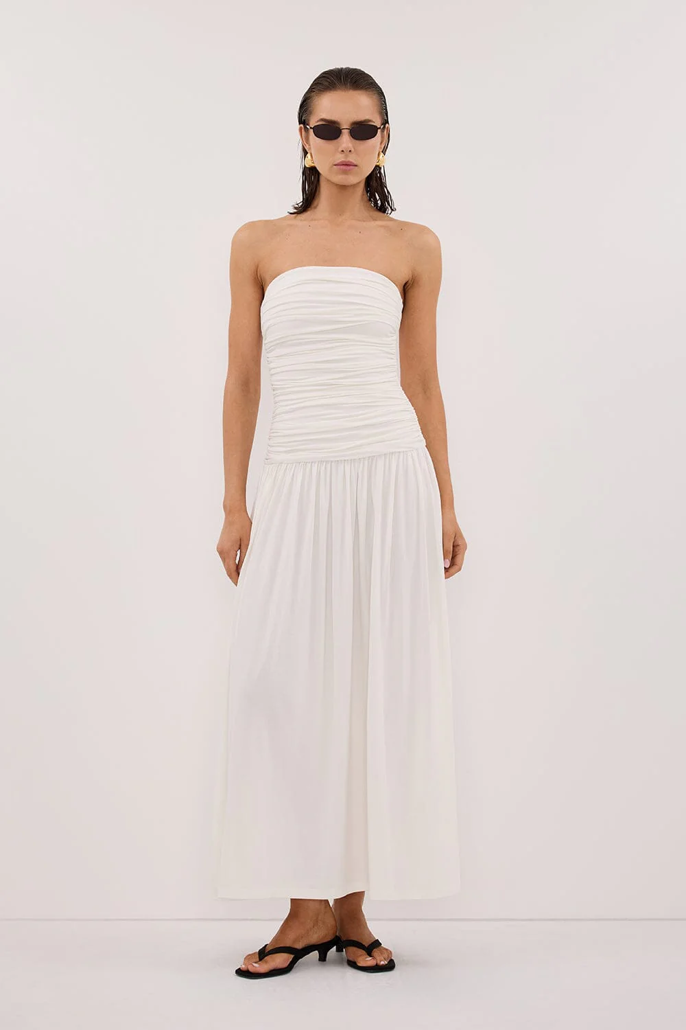 SHARI OFF WHITE STRAPLESS BANDEAU MIDI DRESS