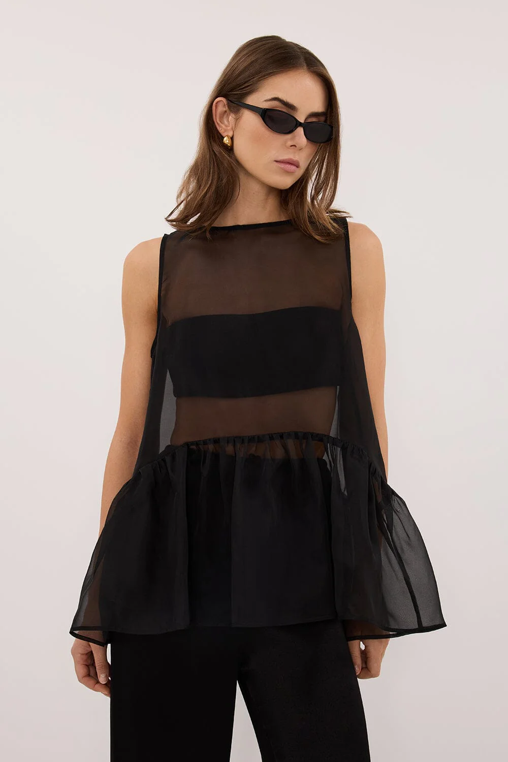 SIAN BLACK SILK ORGANZA DROP WAIST TOP - Image 5
