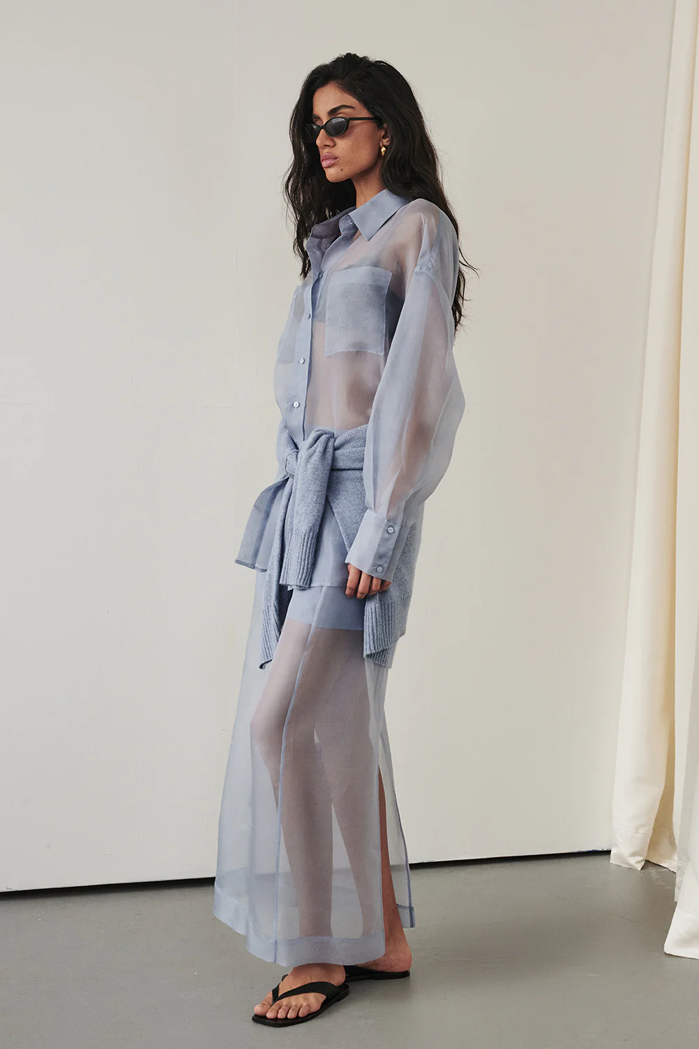 SIAN DUSTY BLUE SILK ORGANZA MIDI SKIRT