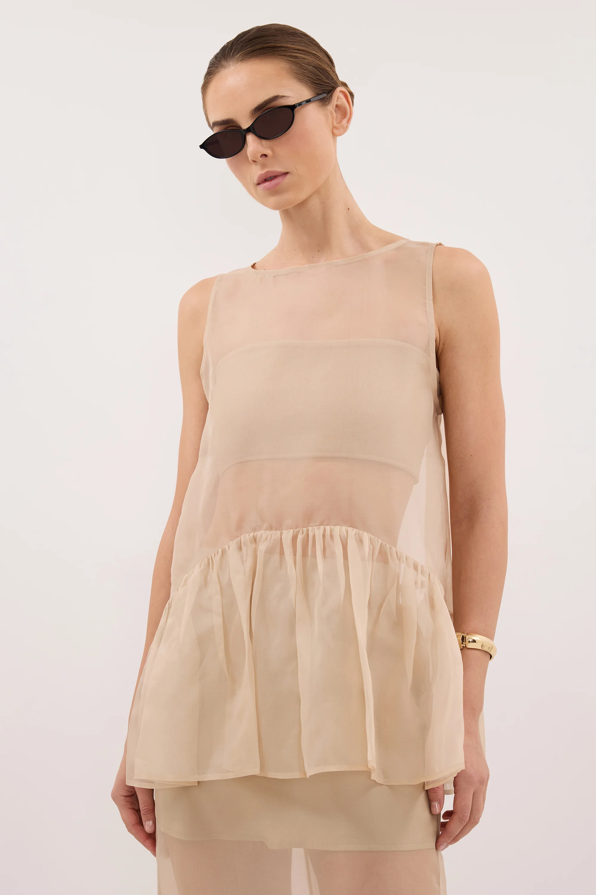 SIAN GOLD SILK ORGANZA DROP WAIST TOP - Image 2