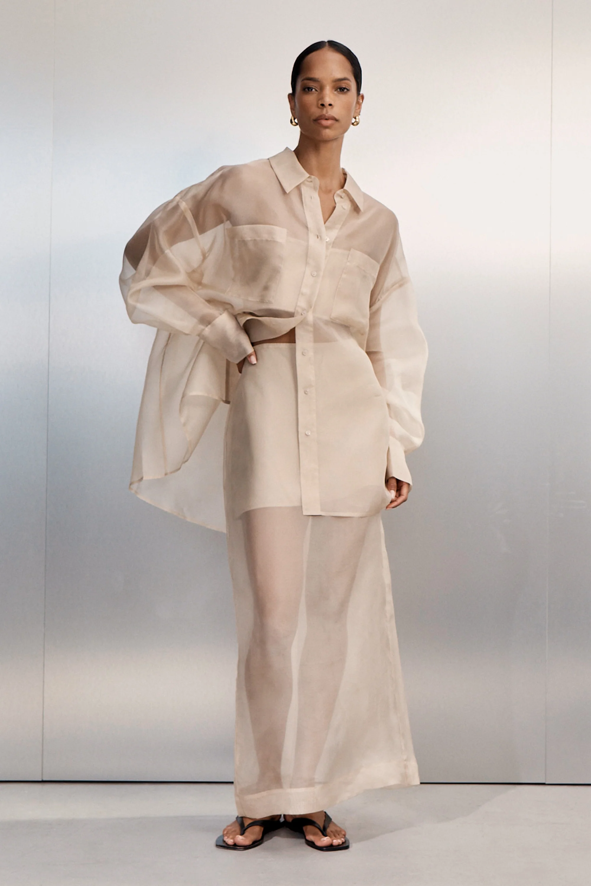 SIAN GOLD SILK ORGANZA MIDI SKIRT - Image 2