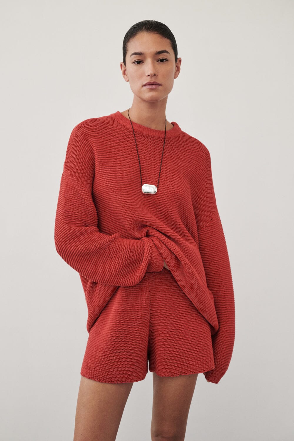 THEA BURNT RED COTTON KNIT SHORTS - Image 2